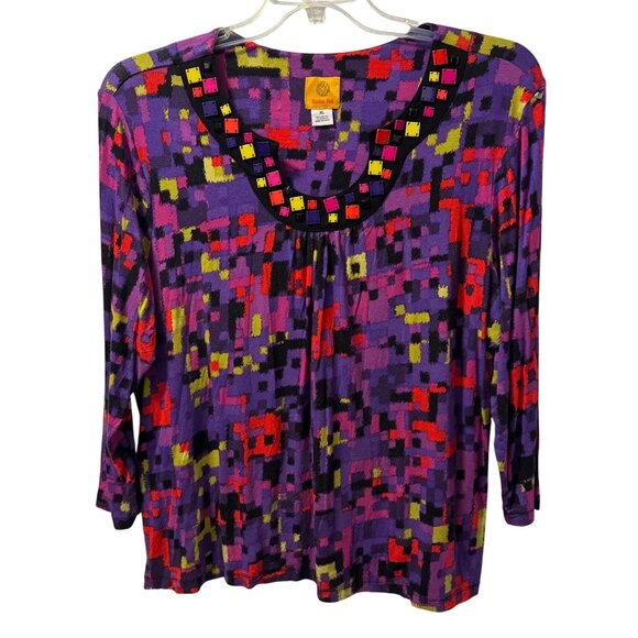 Ruby Rd. Blouse Sz XL Multicolor Geometric Print Top W/ Embellished Neckline - Picture 1 of 10